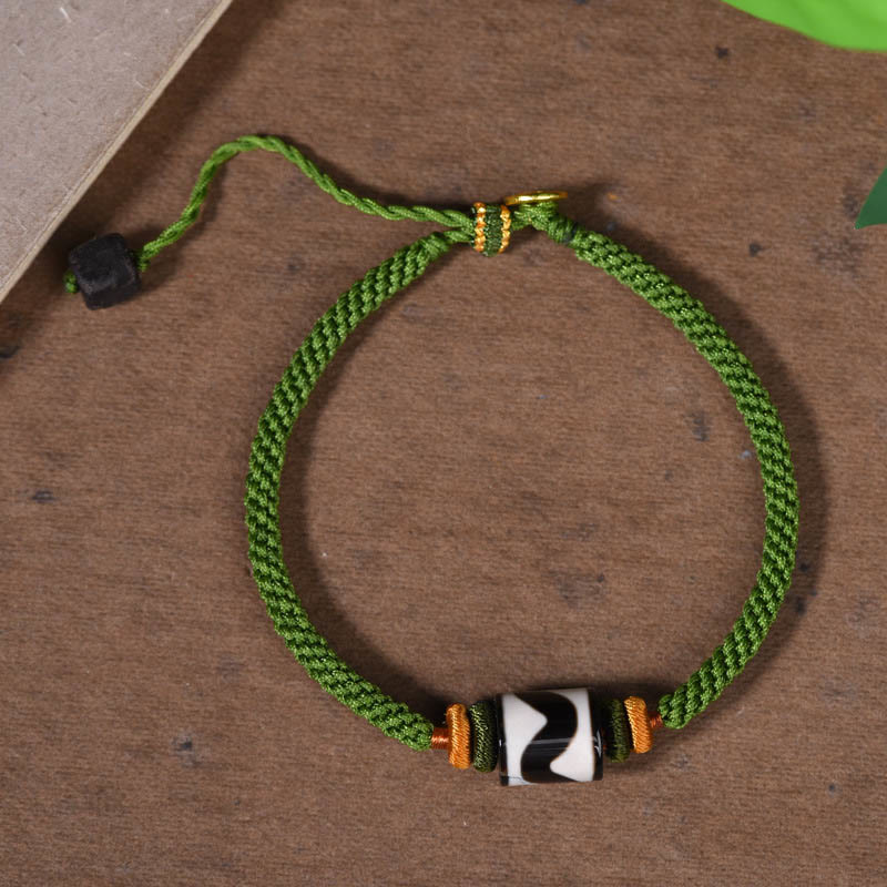 Handmade Tibetan Agate Dzi Bead Braided Green Rope Bracelet