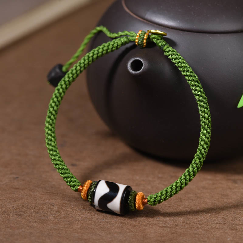 Handmade Tibetan Agate Dzi Bead Braided Green Rope Bracelet
