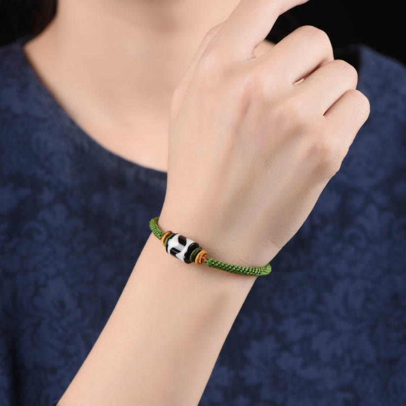 Handmade Tibetan Agate Dzi Bead Braided Green Rope Bracelet