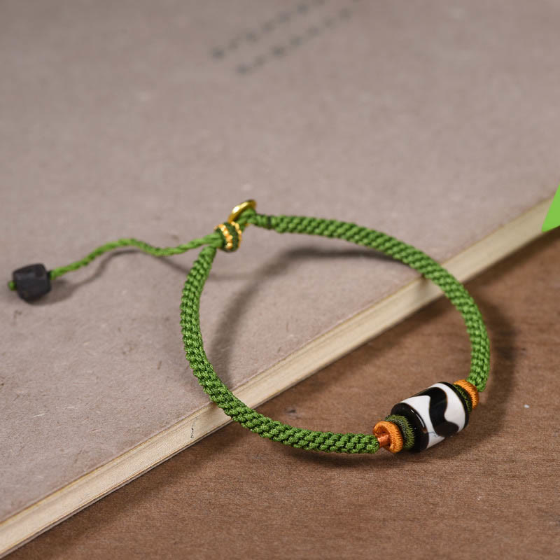 Handmade Tibetan Agate Dzi Bead Braided Green Rope Bracelet