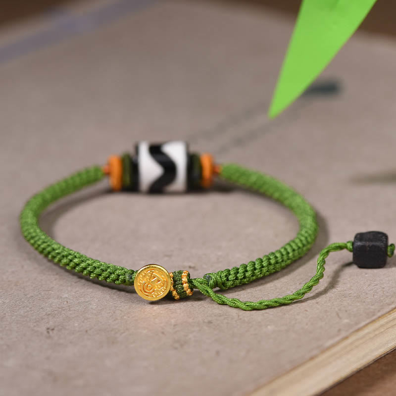 Handmade Tibetan Agate Dzi Bead Braided Green Rope Bracelet