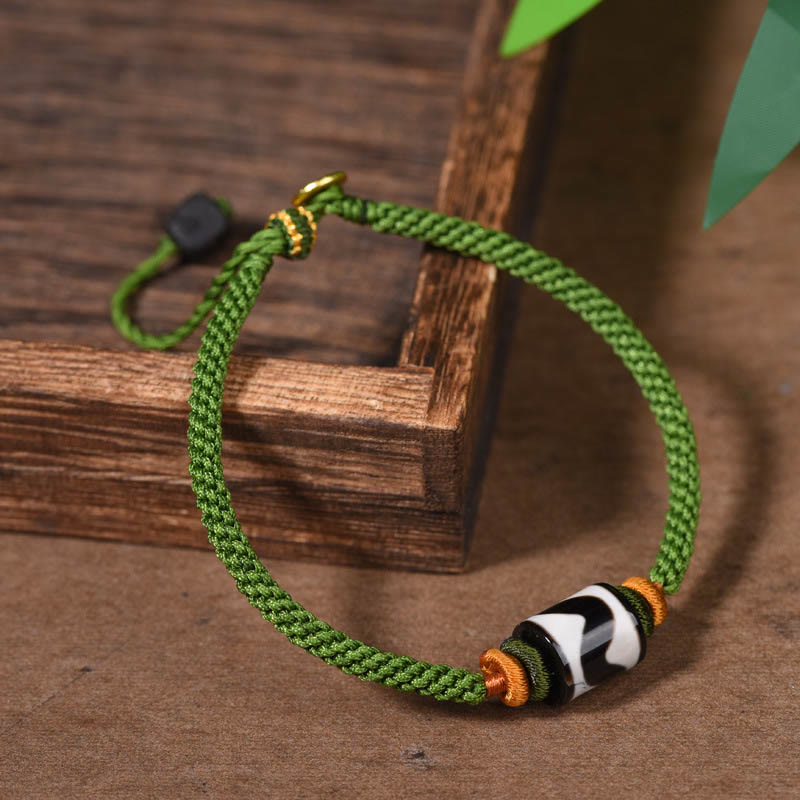 Handmade Tibetan Agate Dzi Bead Braided Green Rope Bracelet