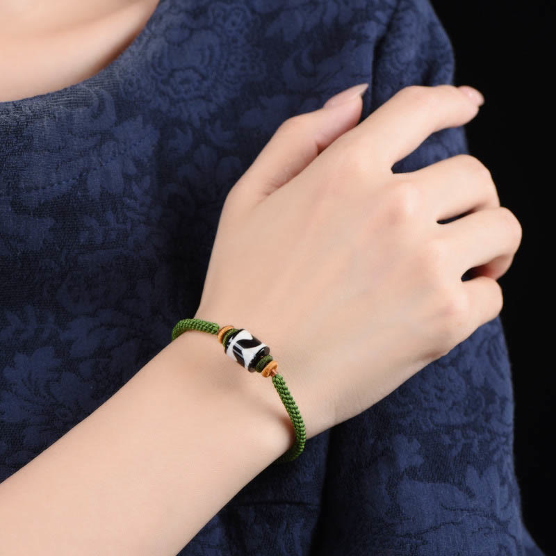 Handmade Tibetan Agate Dzi Bead Braided Green Rope Bracelet
