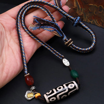 Tibetan Nine-eye Dzi Bead Protection Braided Rope Necklace Pendant