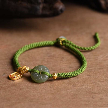 Minimalist Hetian Jade Ping An Kou Peace Buckle & Fu Symbol Green Cord Bracelet