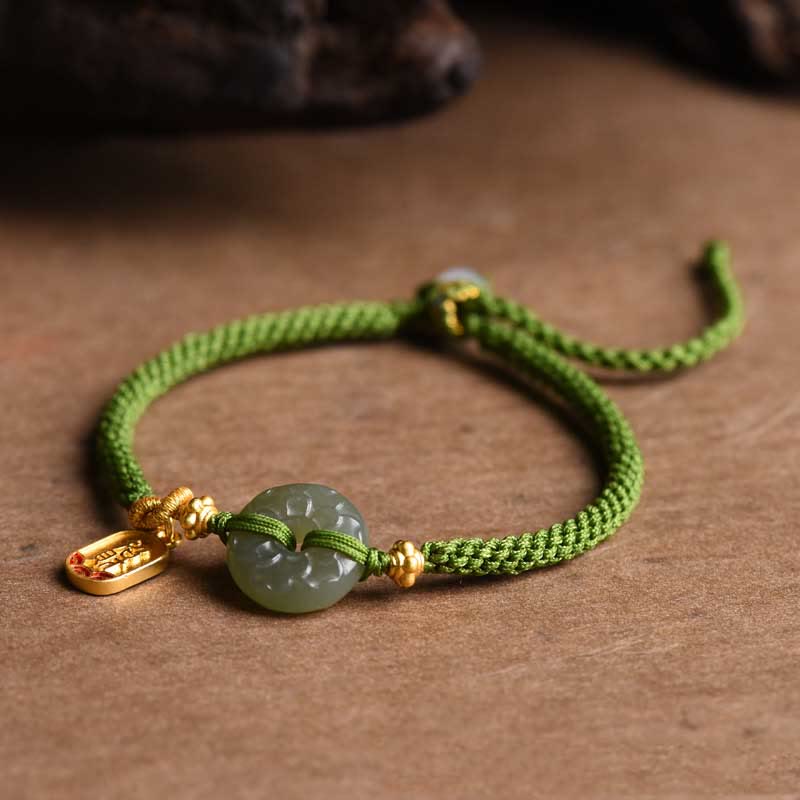 Minimalist Hetian Jade Ping An Kou Peace Buckle & Fu Symbol Green Cord Bracelet