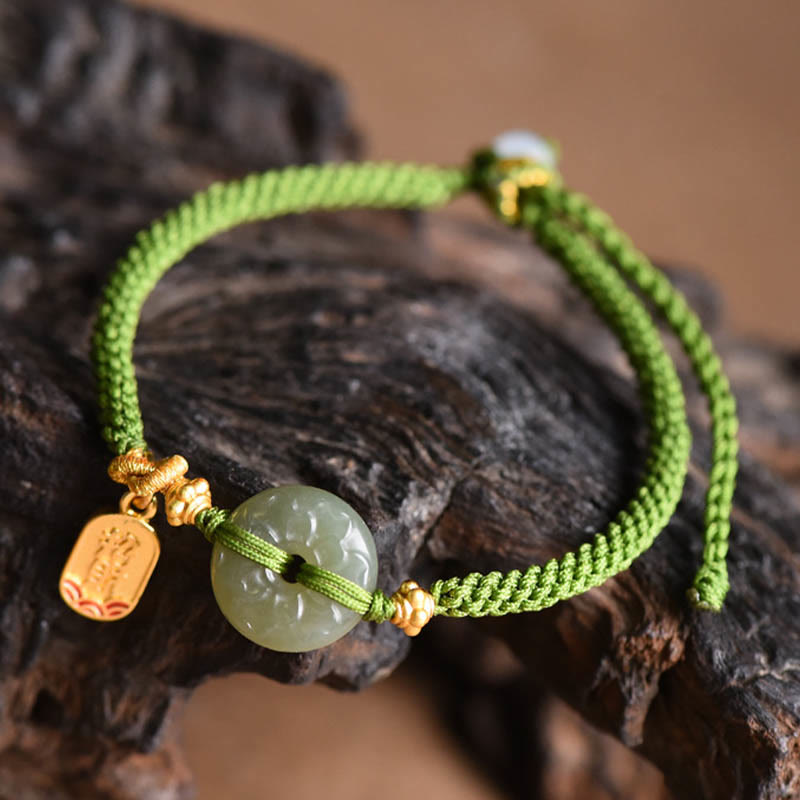 Minimalist Hetian Jade Ping An Kou Peace Buckle & Fu Symbol Green Cord Bracelet