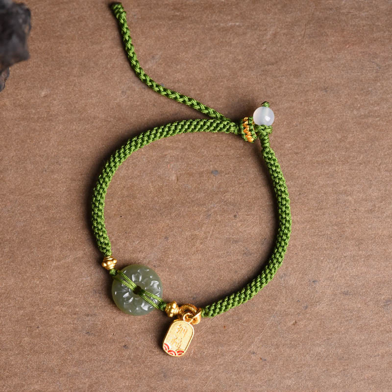 Minimalist Hetian Jade Ping An Kou Peace Buckle & Fu Symbol Green Cord Bracelet