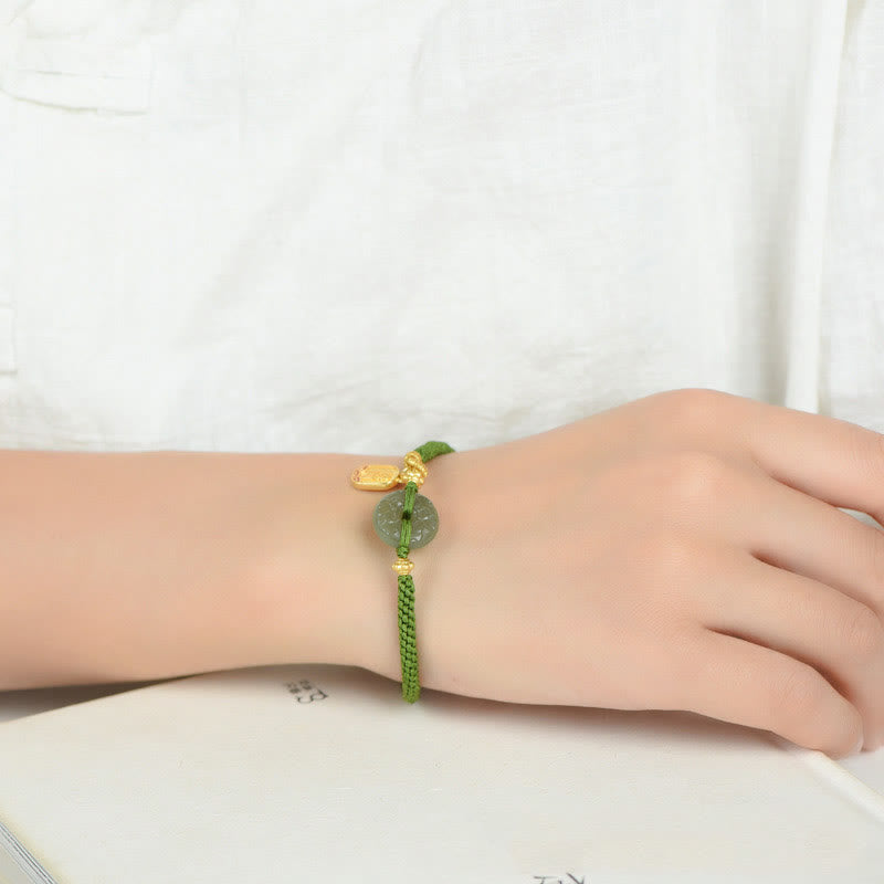 Minimalist Hetian Jade Ping An Kou Peace Buckle & Fu Symbol Green Cord Bracelet