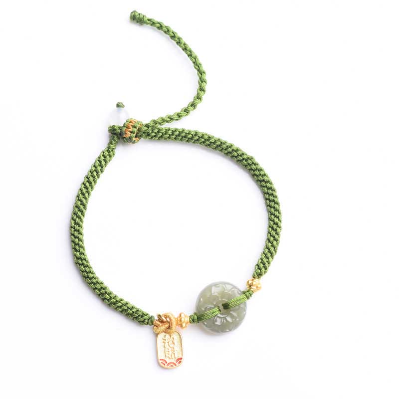 Minimalist Hetian Jade Ping An Kou Peace Buckle & Fu Symbol Green Cord Bracelet