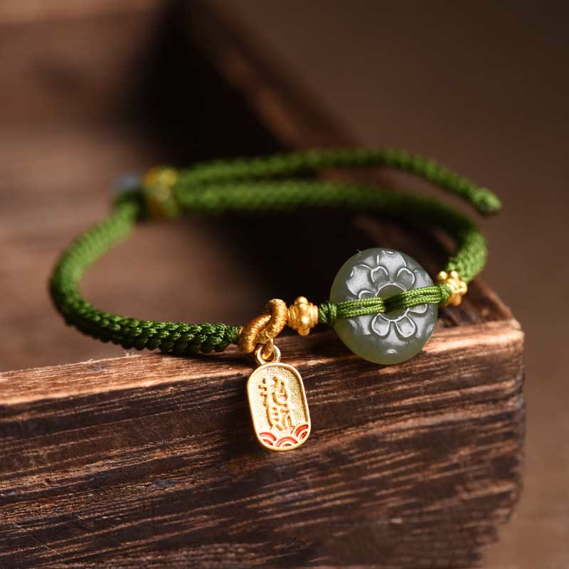 Minimalist Hetian Jade Ping An Kou Peace Buckle & Fu Symbol Green Cord Bracelet