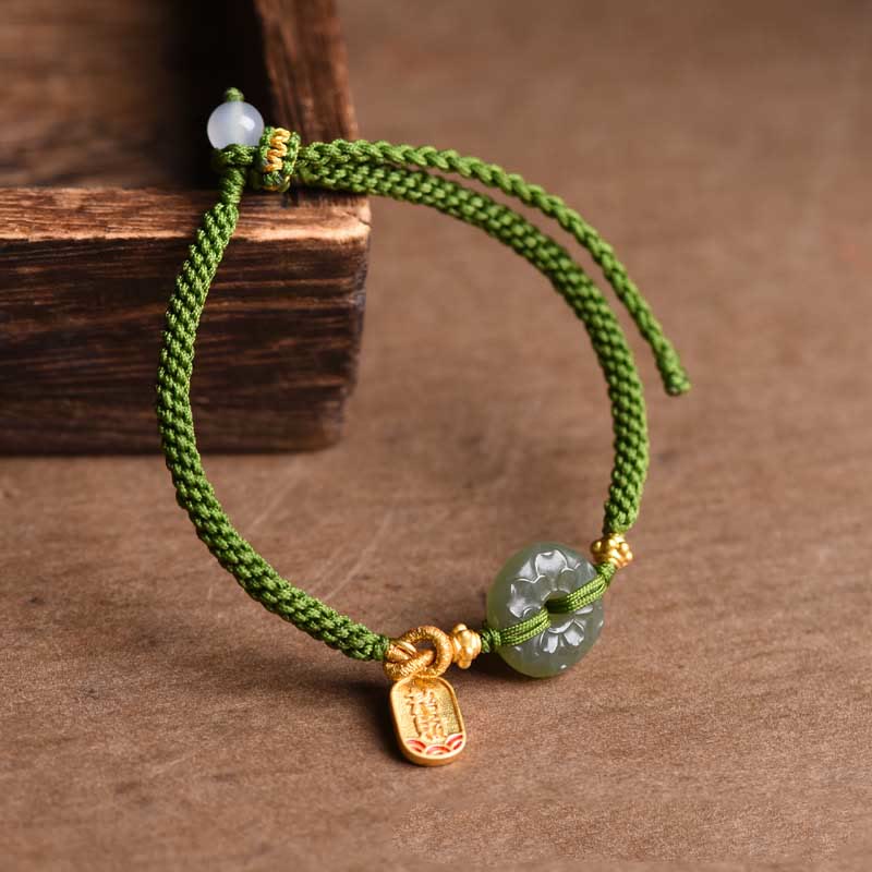Minimalist Hetian Jade Ping An Kou Peace Buckle & Fu Symbol Green Cord Bracelet