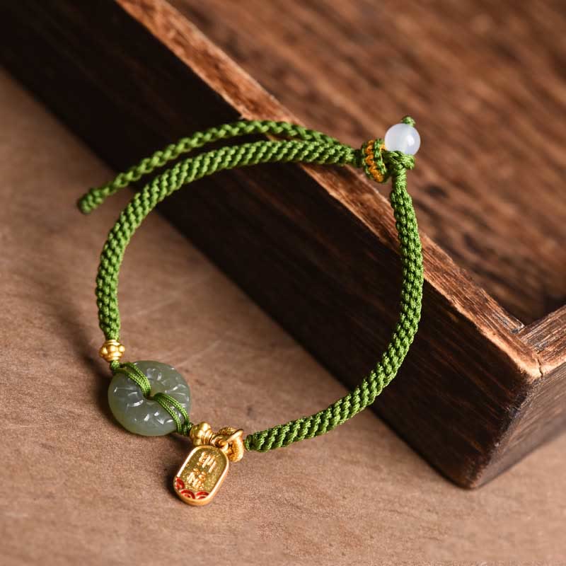 Minimalist Hetian Jade Ping An Kou Peace Buckle & Fu Symbol Green Cord Bracelet