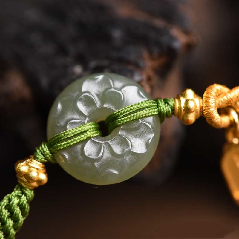 Minimalist Hetian Jade Ping An Kou Peace Buckle & Fu Symbol Green Cord Bracelet