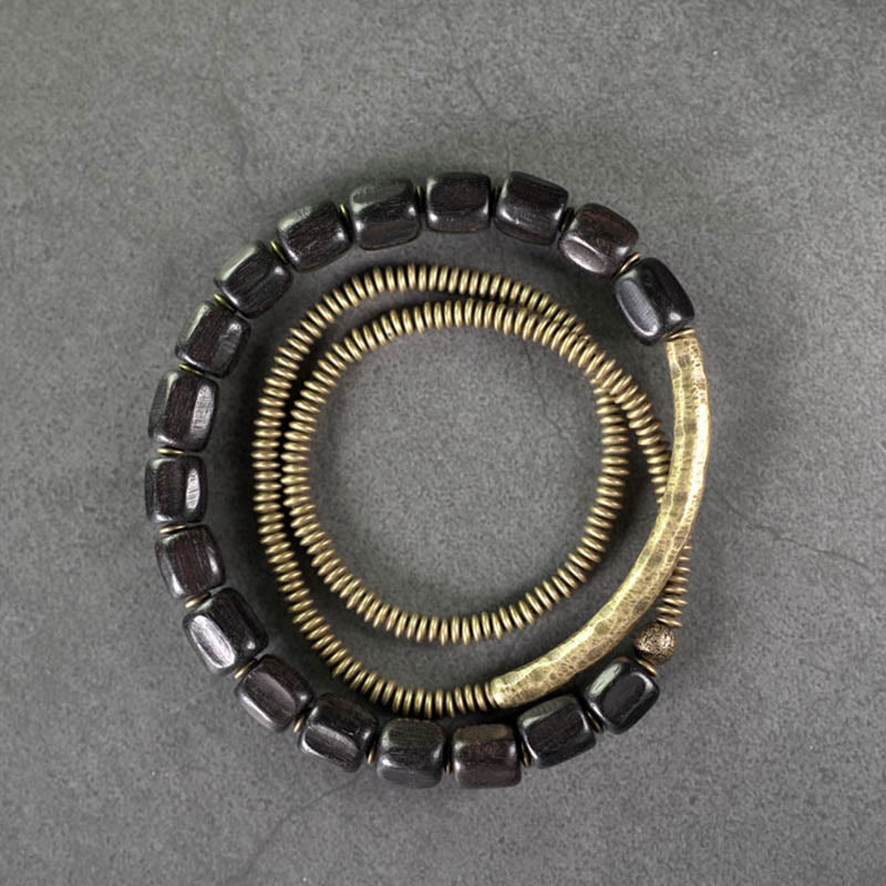 Vintage Peace Tibetan Ebony Wood Beads Copper Multilayered Healing Bracelet