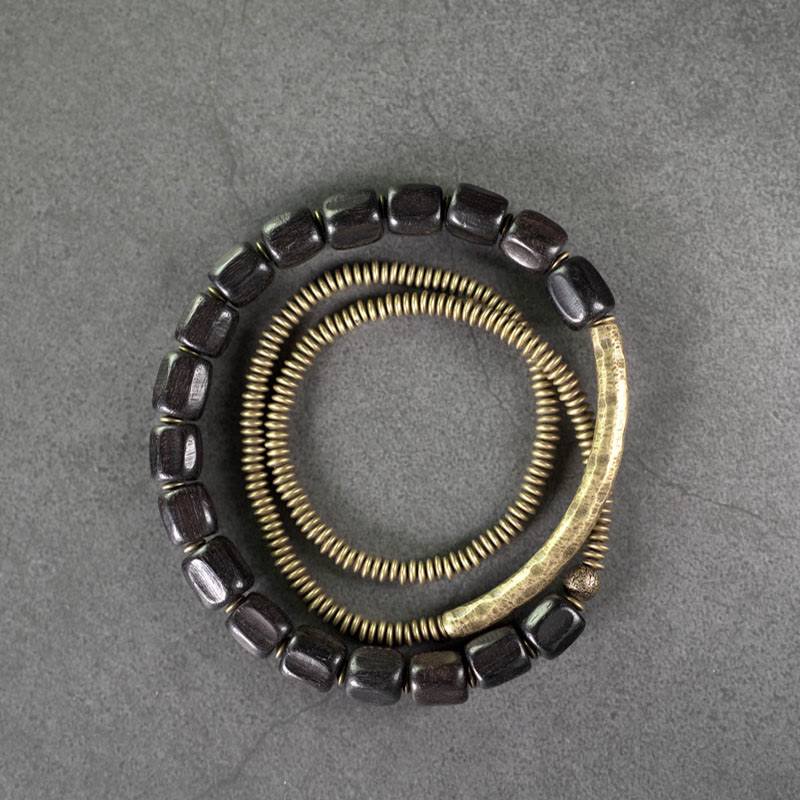 Vintage Peace Tibetan Ebony Wood Beads Copper Multilayered Healing Bracelet