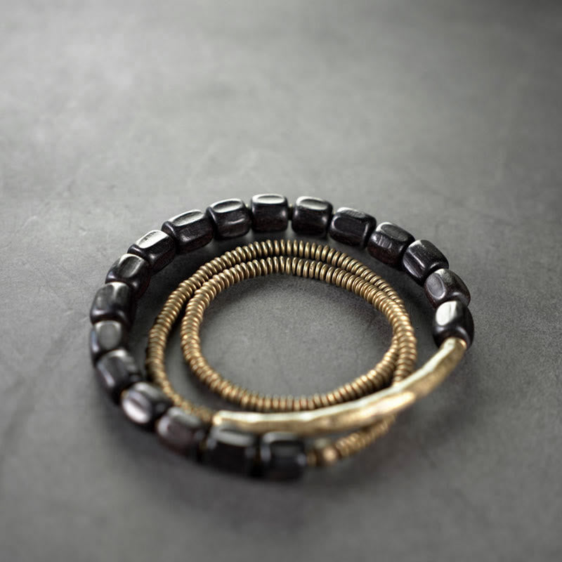 Vintage Peace Tibetan Ebony Wood Beads Copper Multilayered Healing Bracelet