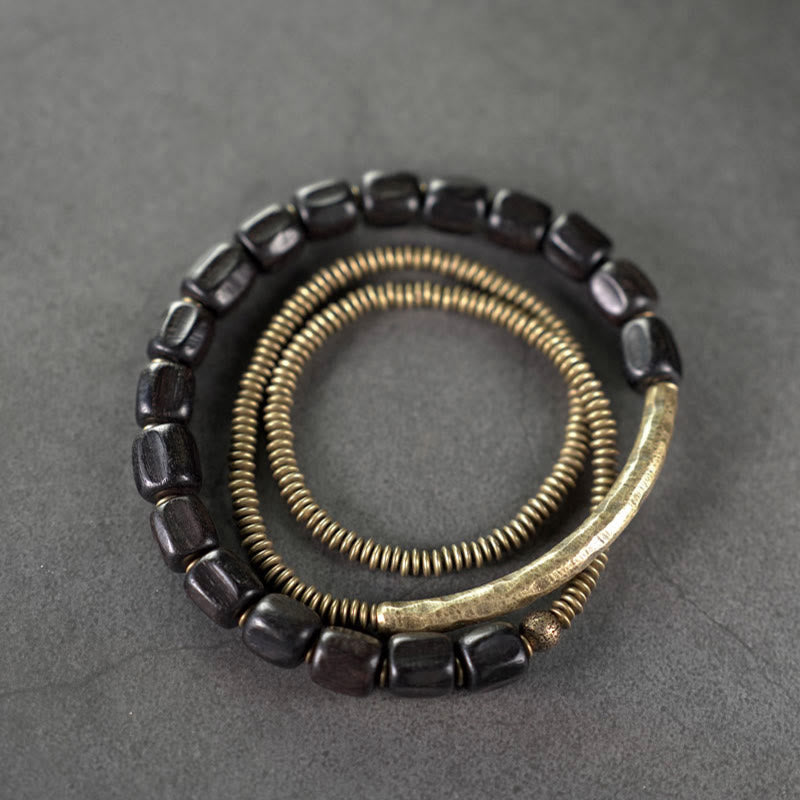 Vintage Peace Tibetan Ebony Wood Beads Copper Multilayered Healing Bracelet