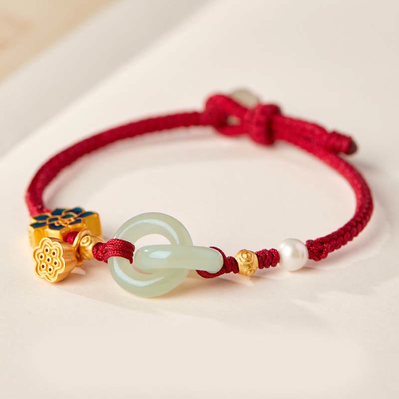 Hand-Braided Rope Bracelet with Hetian Jade Lotus and Ping An Kou Peace Buckle