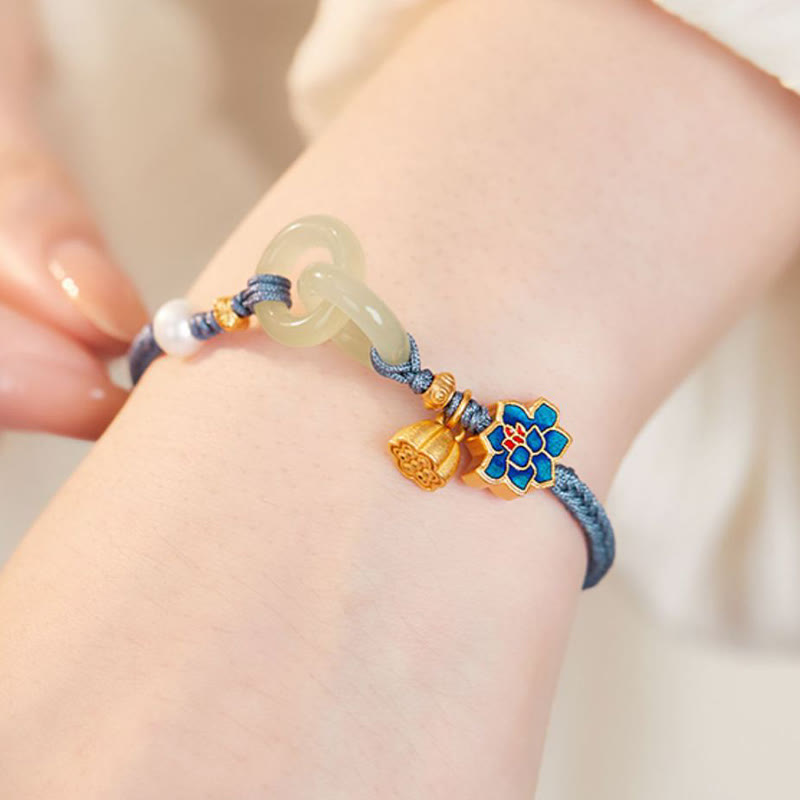 Hand-Braided Rope Bracelet with Hetian Jade Lotus and Ping An Kou Peace Buckle