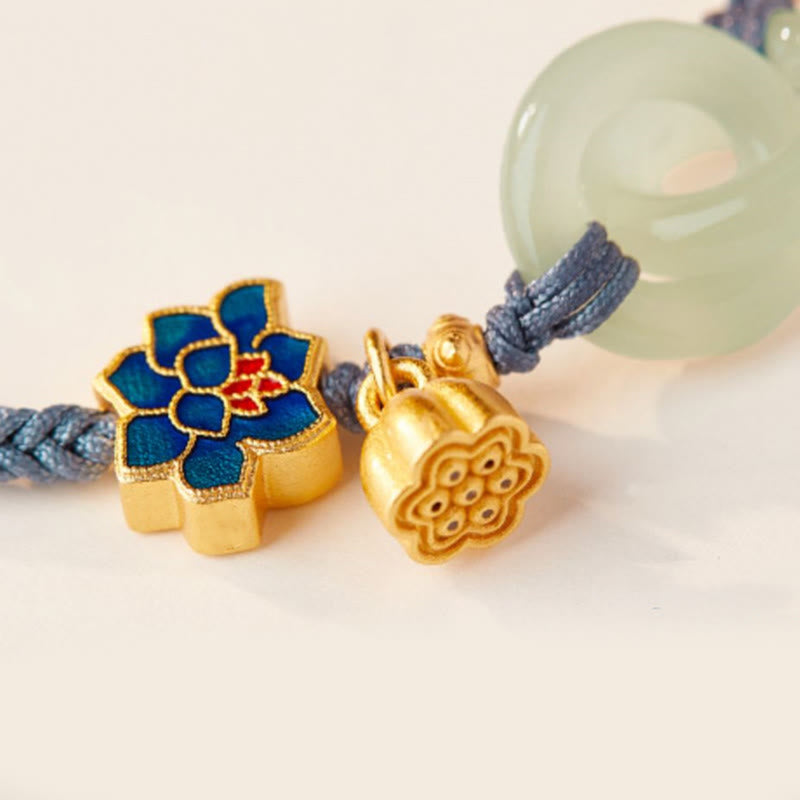 Hand-Braided Rope Bracelet with Hetian Jade Lotus and Ping An Kou Peace Buckle