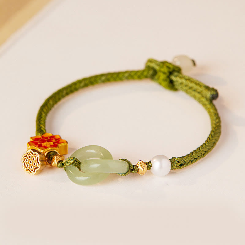 Hand-Braided Rope Bracelet with Hetian Jade Lotus and Ping An Kou Peace Buckle