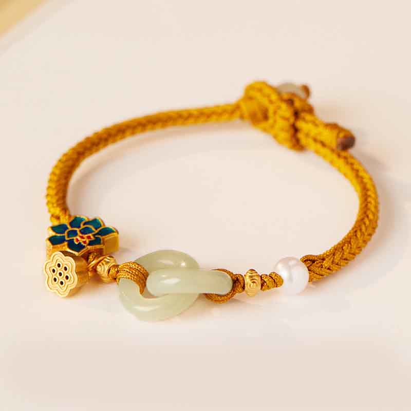 Hand-Braided Rope Bracelet with Hetian Jade Lotus and Ping An Kou Peace Buckle