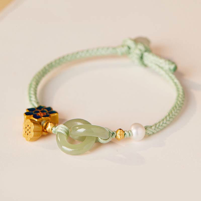 Hand-Braided Rope Bracelet with Hetian Jade Lotus and Ping An Kou Peace Buckle