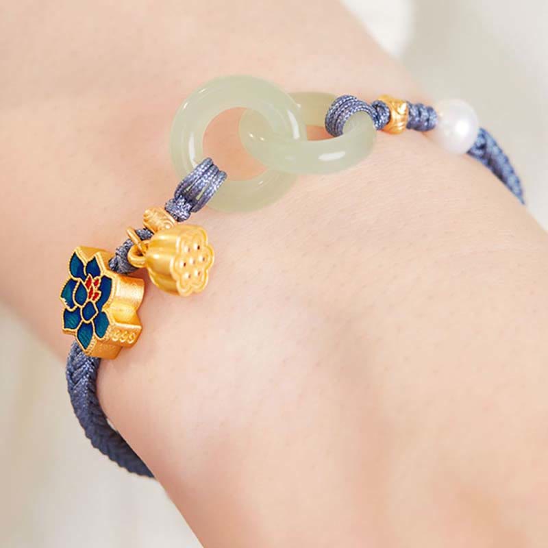 Hand-Braided Rope Bracelet with Hetian Jade Lotus and Ping An Kou Peace Buckle