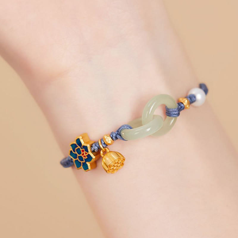 Hand-Braided Rope Bracelet with Hetian Jade Lotus and Ping An Kou Peace Buckle