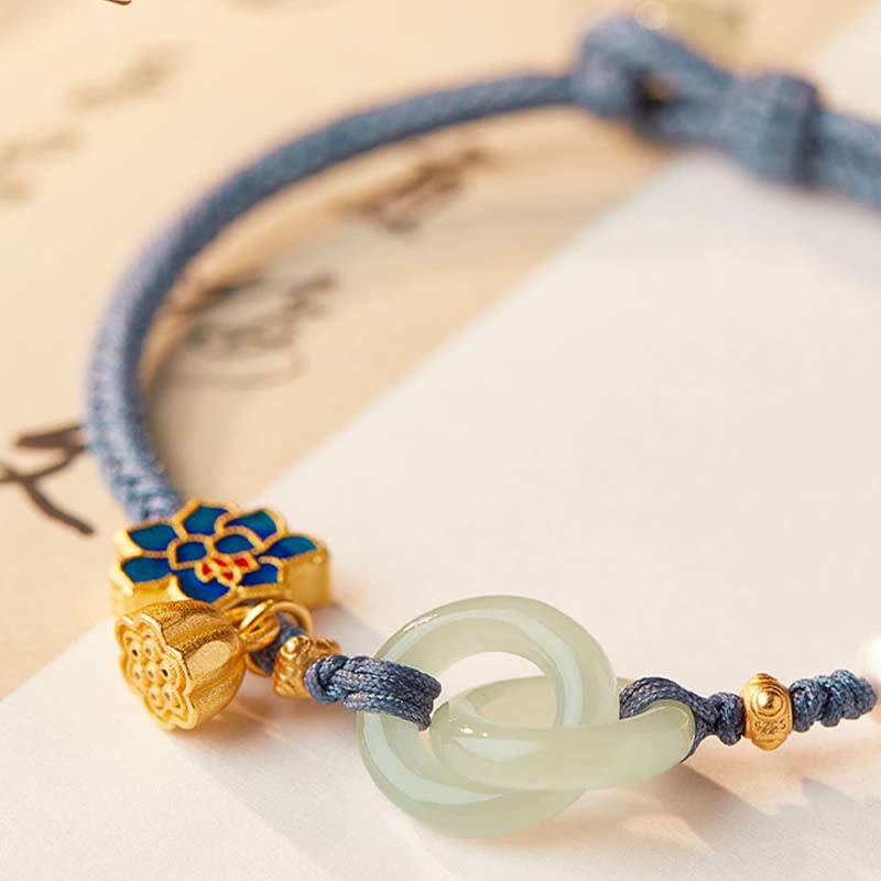 Hand-Braided Rope Bracelet with Hetian Jade Lotus and Ping An Kou Peace Buckle