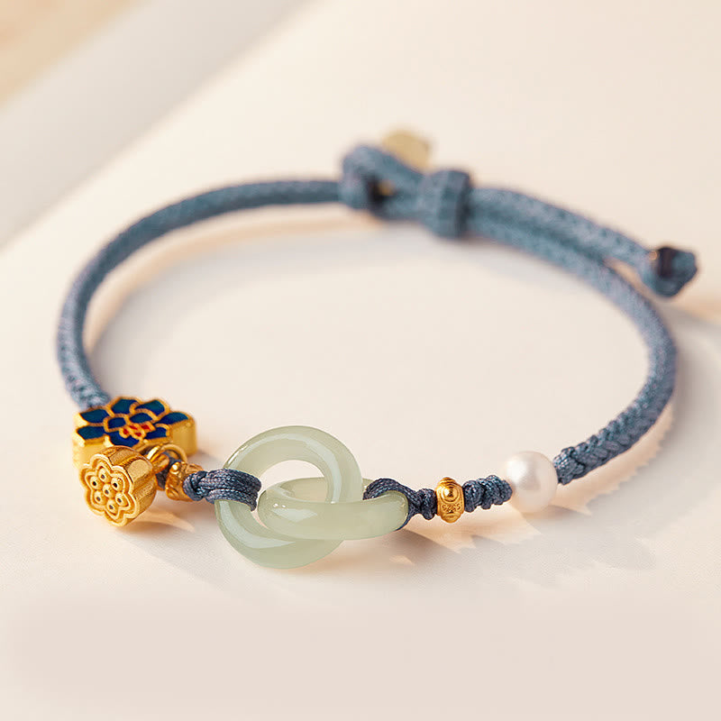 Hand-Braided Rope Bracelet with Hetian Jade Lotus and Ping An Kou Peace Buckle