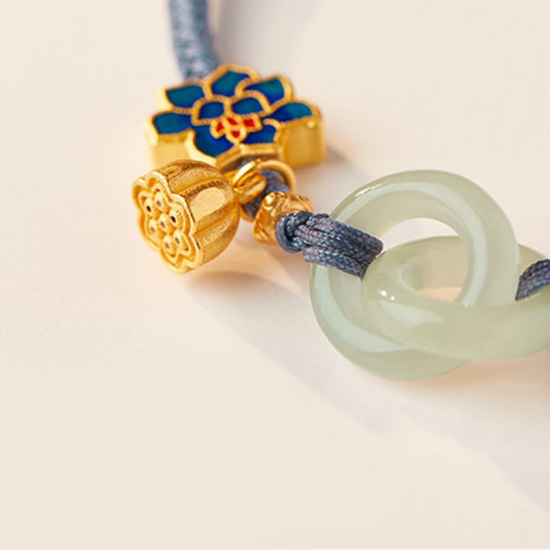 Hand-Braided Rope Bracelet with Hetian Jade Lotus and Ping An Kou Peace Buckle