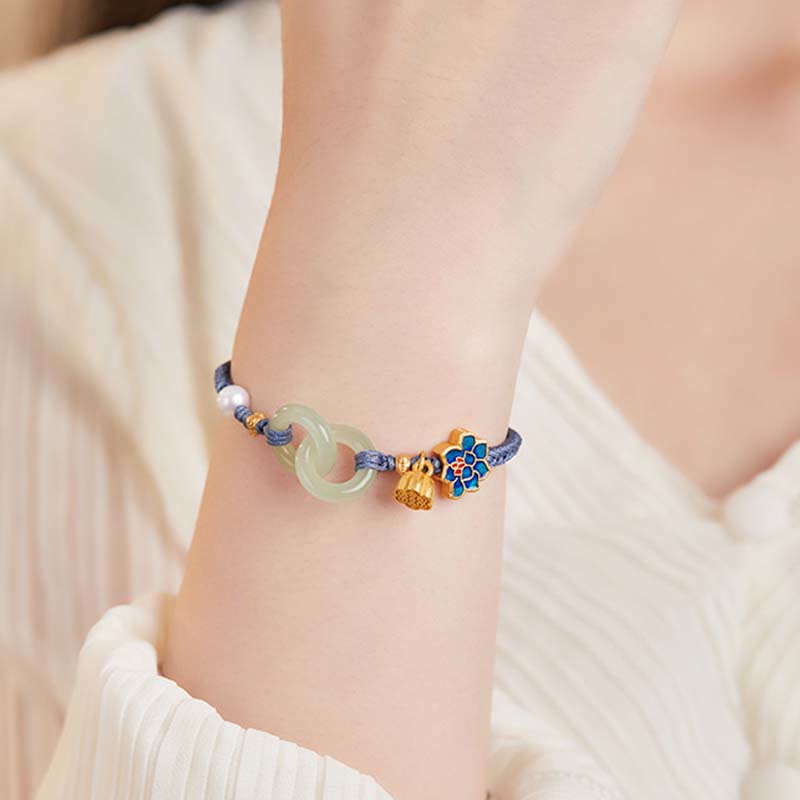 Hand-Braided Rope Bracelet with Hetian Jade Lotus and Ping An Kou Peace Buckle