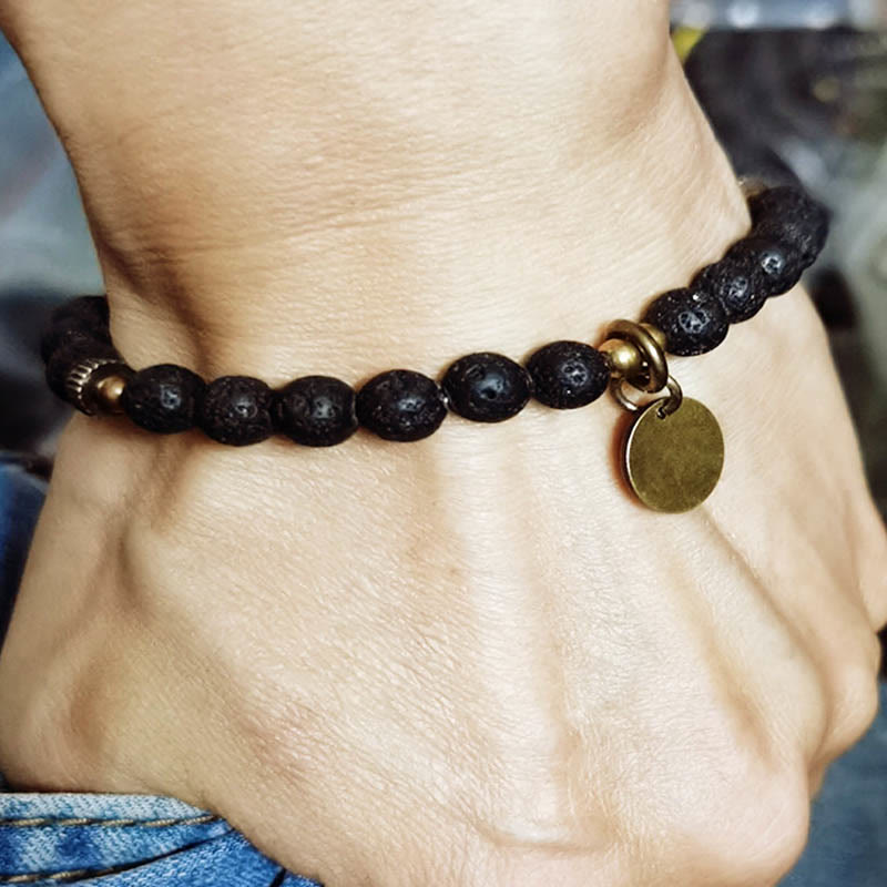Natural Lava Stone Beads with Brass and Copper Disc Pendant Grounding Bracelet