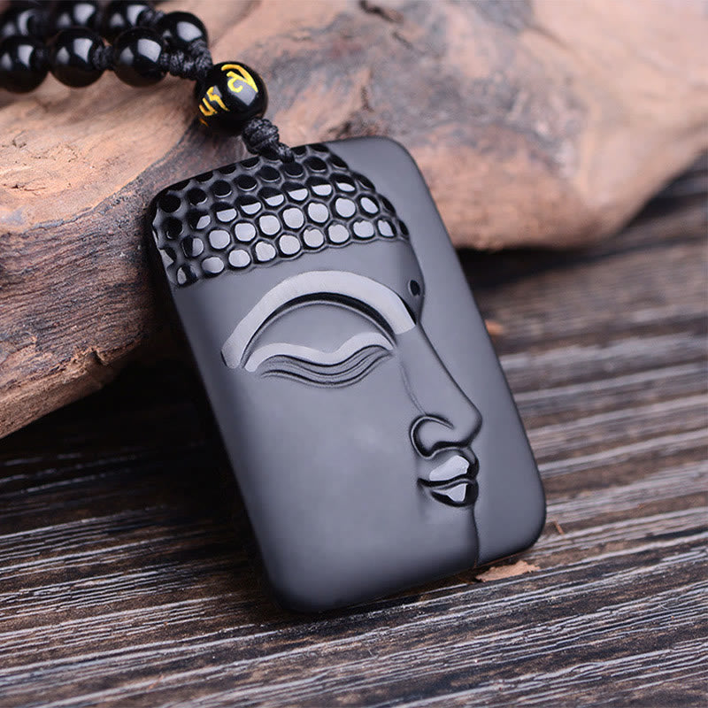 Natural Black Obsidian Buddha Prayer Purification Luck Pendant Necklace