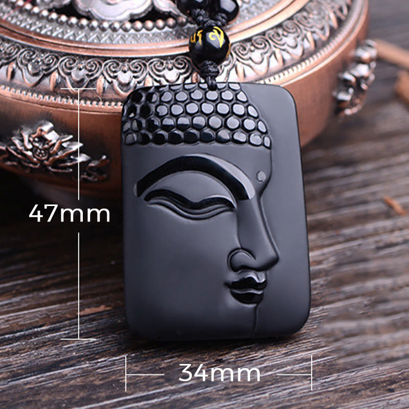 Natural Black Obsidian Buddha Prayer Purification Luck Pendant Necklace