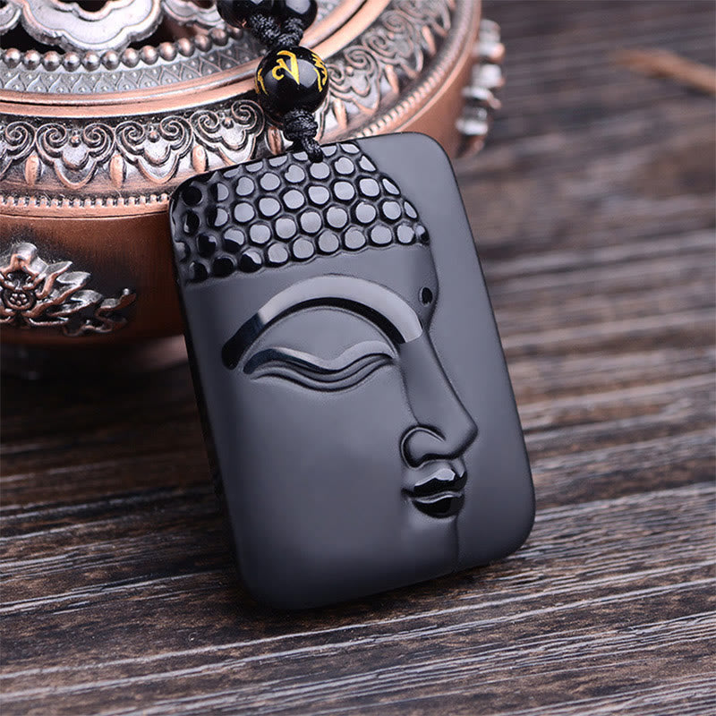 Natural Black Obsidian Buddha Prayer Purification Luck Pendant Necklace