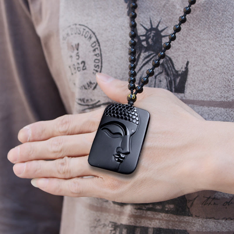 Natural Black Obsidian Buddha Prayer Purification Luck Pendant Necklace