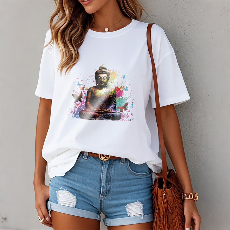Colorful Butterfly Flying Meditation Buddha Tee T-shirt