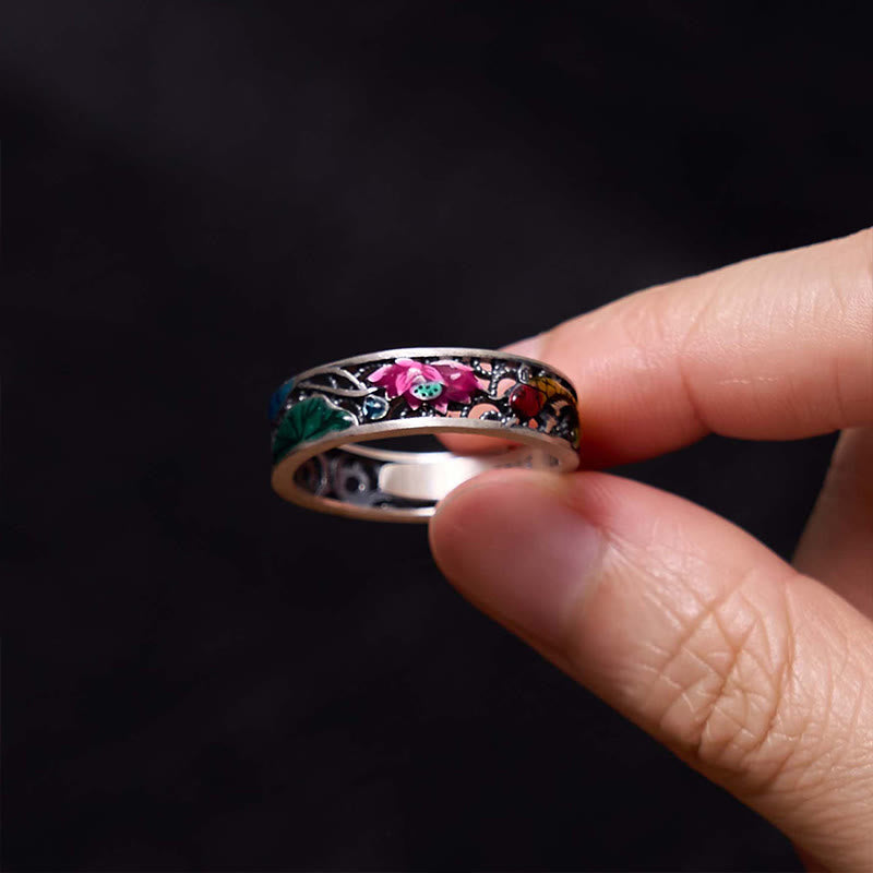 925 Sterling Silver Koi Fish and Lotus Adjustable Open Ring