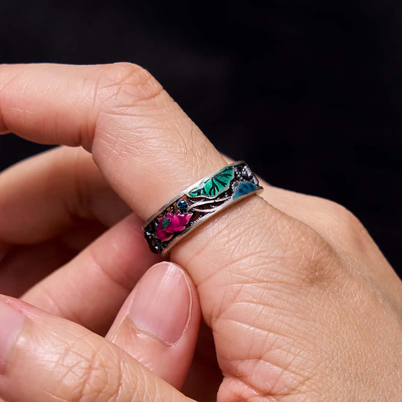 925 Sterling Silver Koi Fish and Lotus Adjustable Open Ring