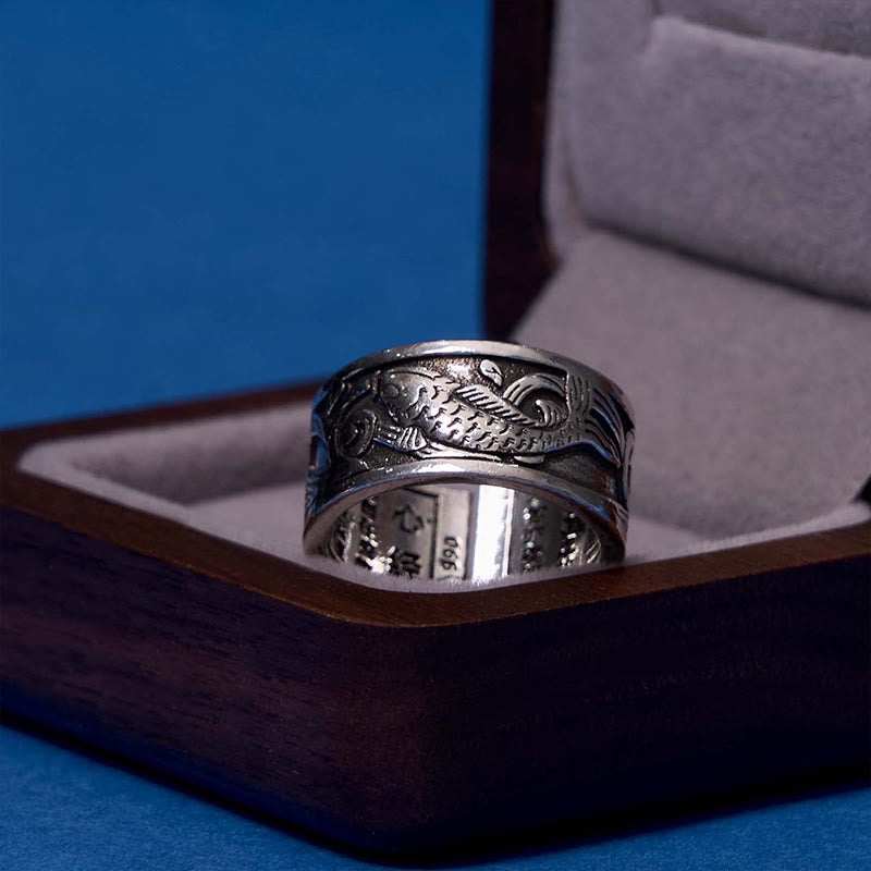 Koi Fish Heart Sutra Carved Design Luck Wealth Ring