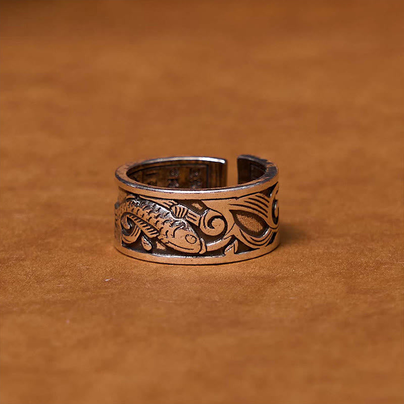 Koi Fish Heart Sutra Carved Design Luck Wealth Ring