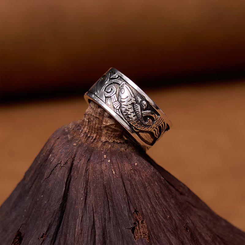 Koi Fish Heart Sutra Carved Design Luck Wealth Ring