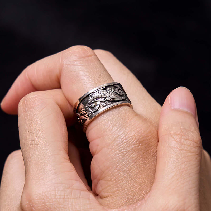 Koi Fish Heart Sutra Carved Design Luck Wealth Ring