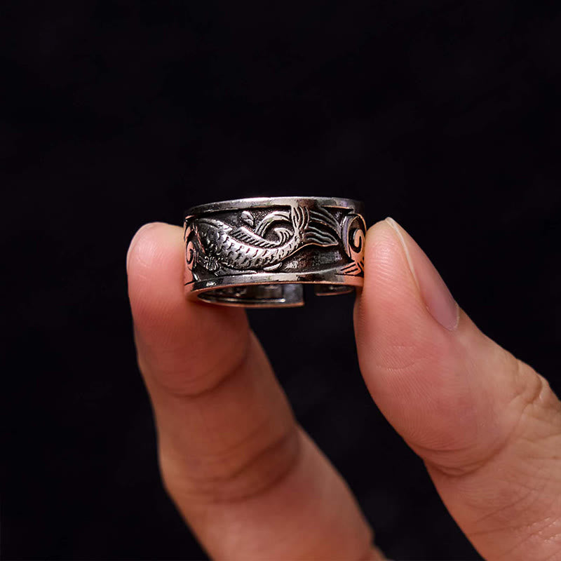 Koi Fish Heart Sutra Carved Design Luck Wealth Ring