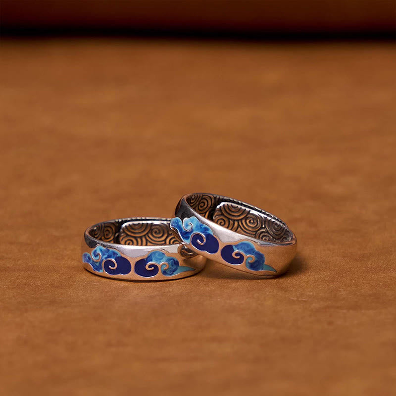 Blue Auspicious Clouds Pattern Wealth Copper Adjustable Ring