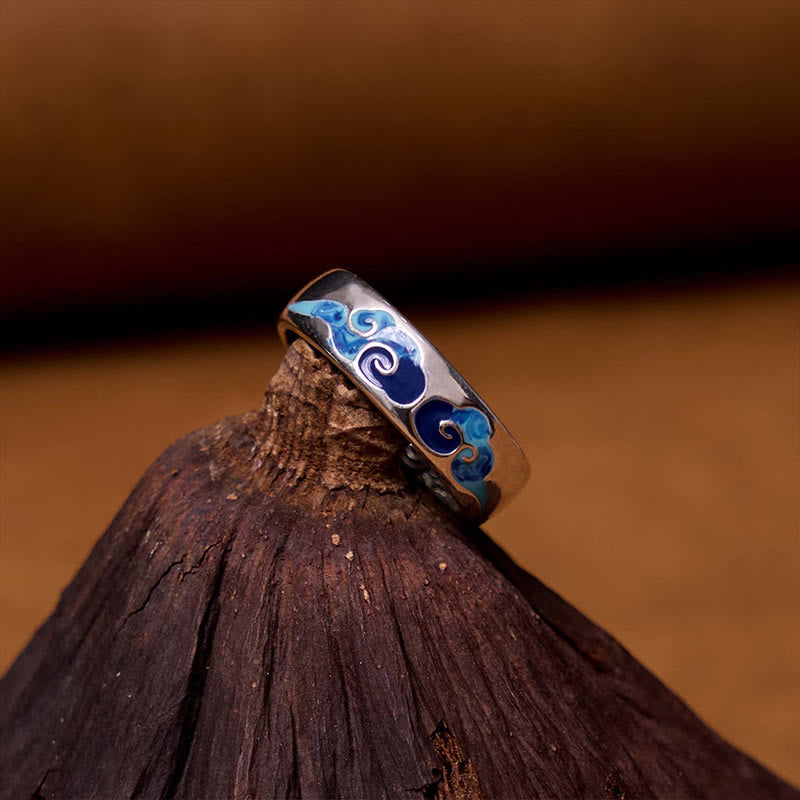Blue Auspicious Clouds Pattern Wealth Copper Adjustable Ring