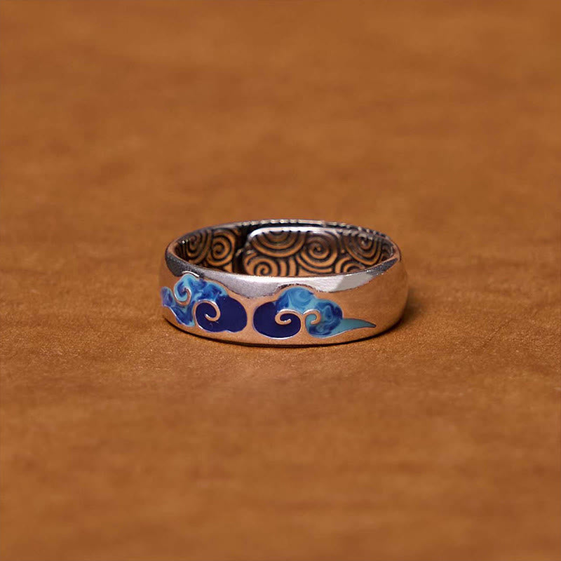 Blue Auspicious Clouds Pattern Wealth Copper Adjustable Ring